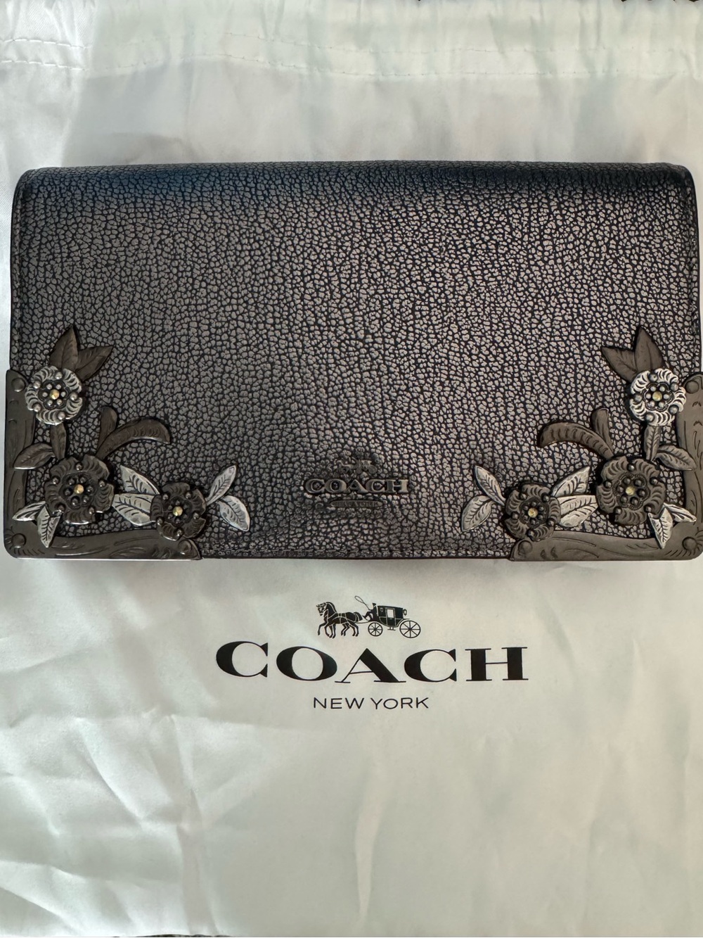 COACH Metallic Pewter Floral Appliqué Leather Foldover Chain Clutch